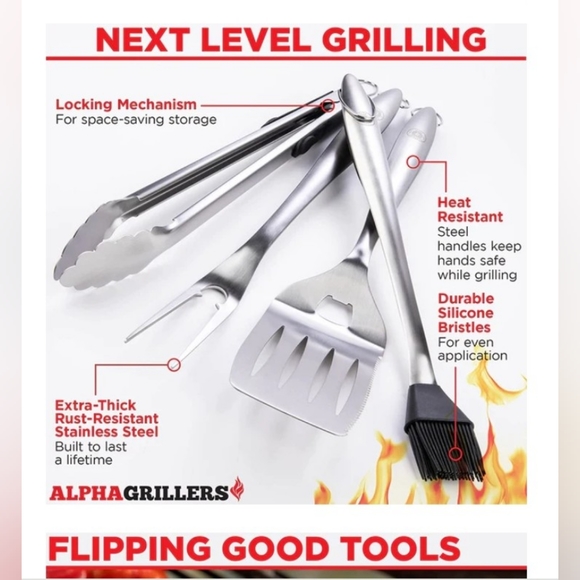 Alpha Grillers Grill Set Heavy Duty BBQ Accessories - BBQ Tool Set 4pc - Picture 1 of 9